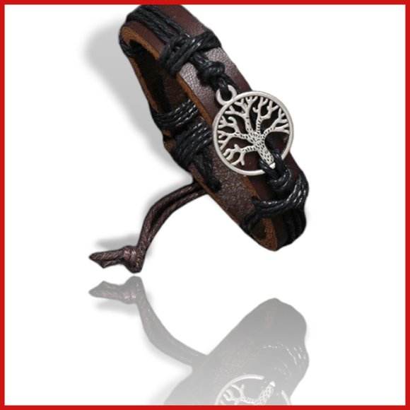 NWT BLACK LEATHER ADJUSTABLE WRISTBAND WITH SILVER TONE TREE OF LIFE - Picture 5 of 5